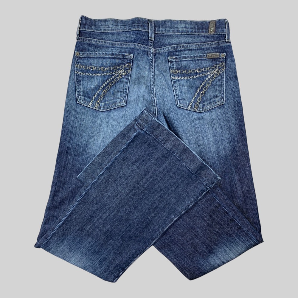 7 For All Mankind Dojo Flare Chain Pocket Jeans 29 (32x34) Wide Leg Dark Wash